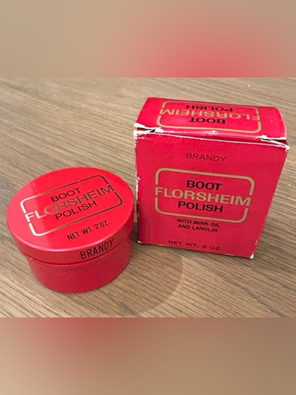 Vintage Collectible Florsheim Brandy Red Boot Polish Container and Box VTG